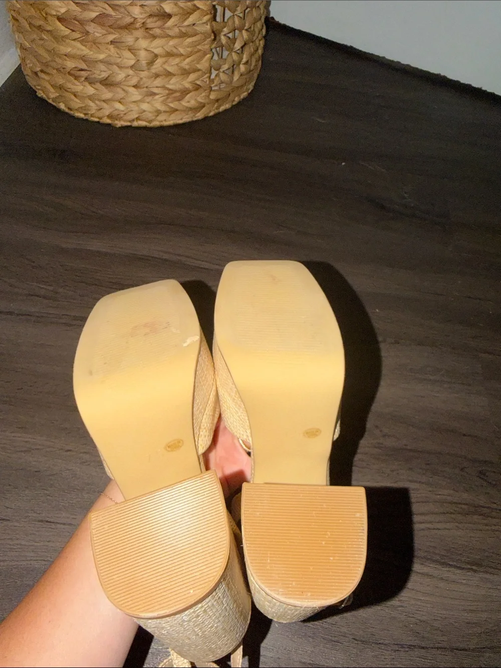Beige Woven Platform Block Heel Sandals